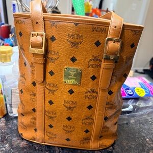 MCM Tan Leather Tote with Gold Accents